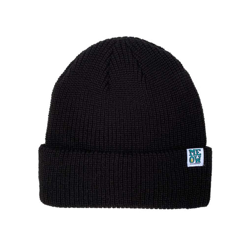 Black beanie with a small logo on a white background