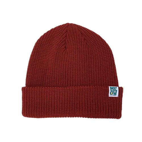 Maroon knit beanie with a logo on a white background