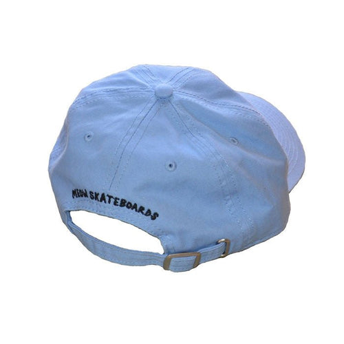 Light blue cap with 'MEOM SKATEBOARDS' embroidery on a white background