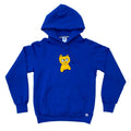 A royal blue hooded sweatshirt with a front pouch and a yellow cartoon character on the front.