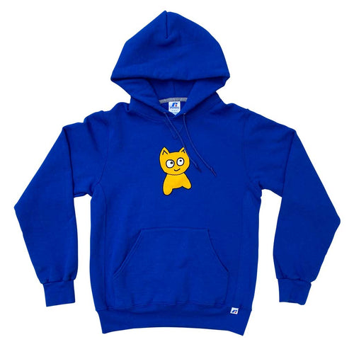 A royal blue hooded sweatshirt with a front pouch and a yellow cartoon character on the front.