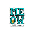 Sticker with 'MEOW Skateboards' text and a cat illustration on a white background