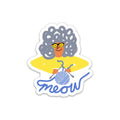 Sticker of a cartoon grandma holding yarn and knitting needles, with 'meow' text.