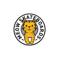 Circle logo of MEOW Skateboards with a cartoon cat design on a white background