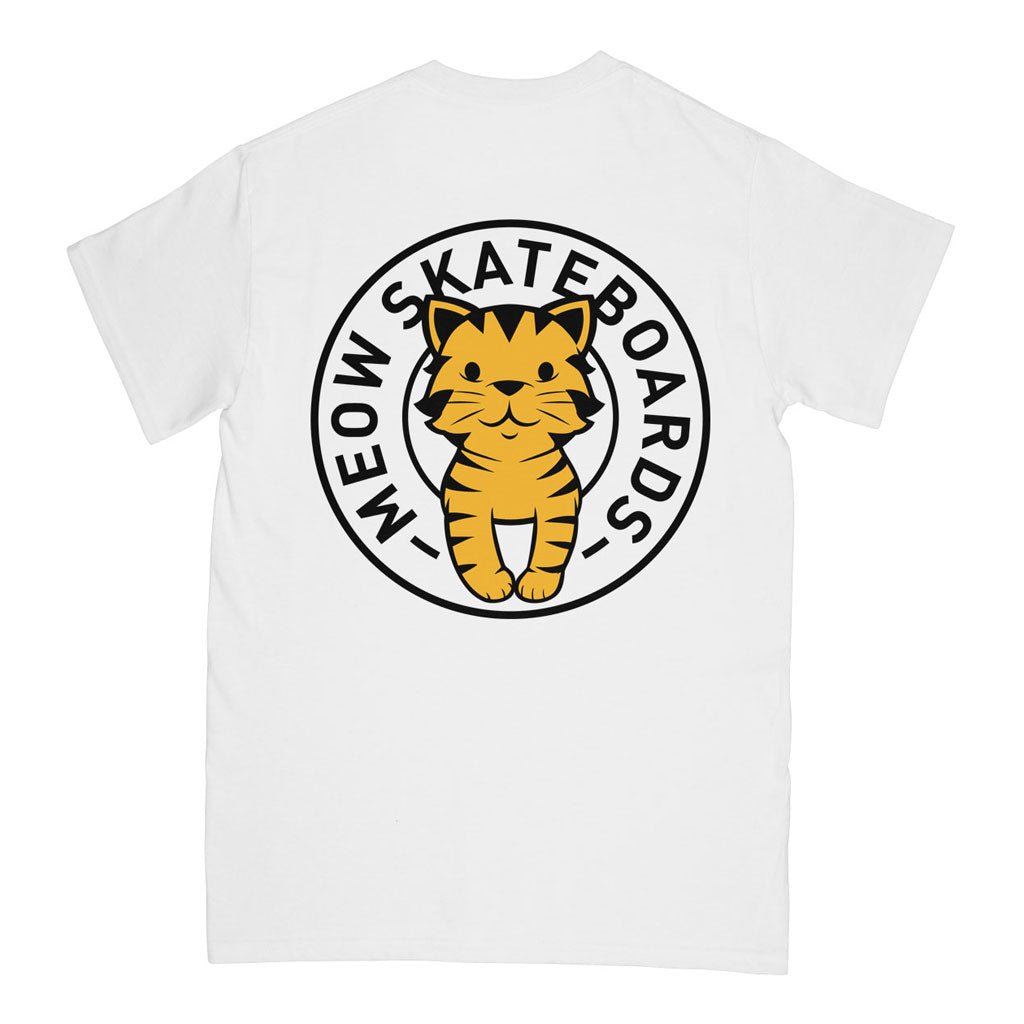 White t-shirt with a cat graphic and 'MEOW SKATEBOARDS' text on a white background