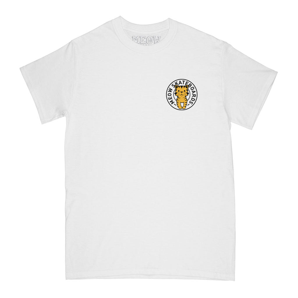 White t-shirt with tabby seal logo on front chest on a white background