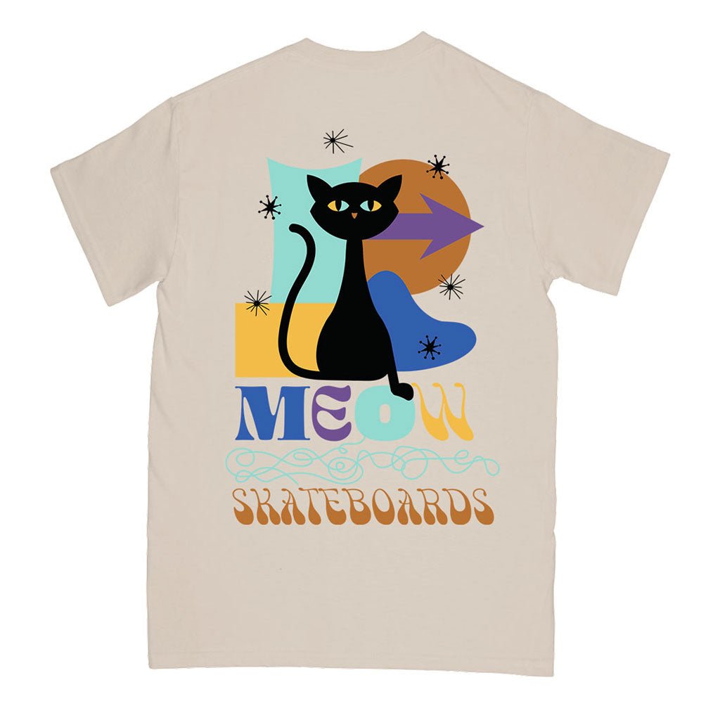 Beige t-shirt with a black cat graphic and 'MEOW SKATEBOARDS' text on a white background