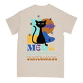 Beige t-shirt with a black cat graphic and 'MEOW SKATEBOARDS' text on a white background