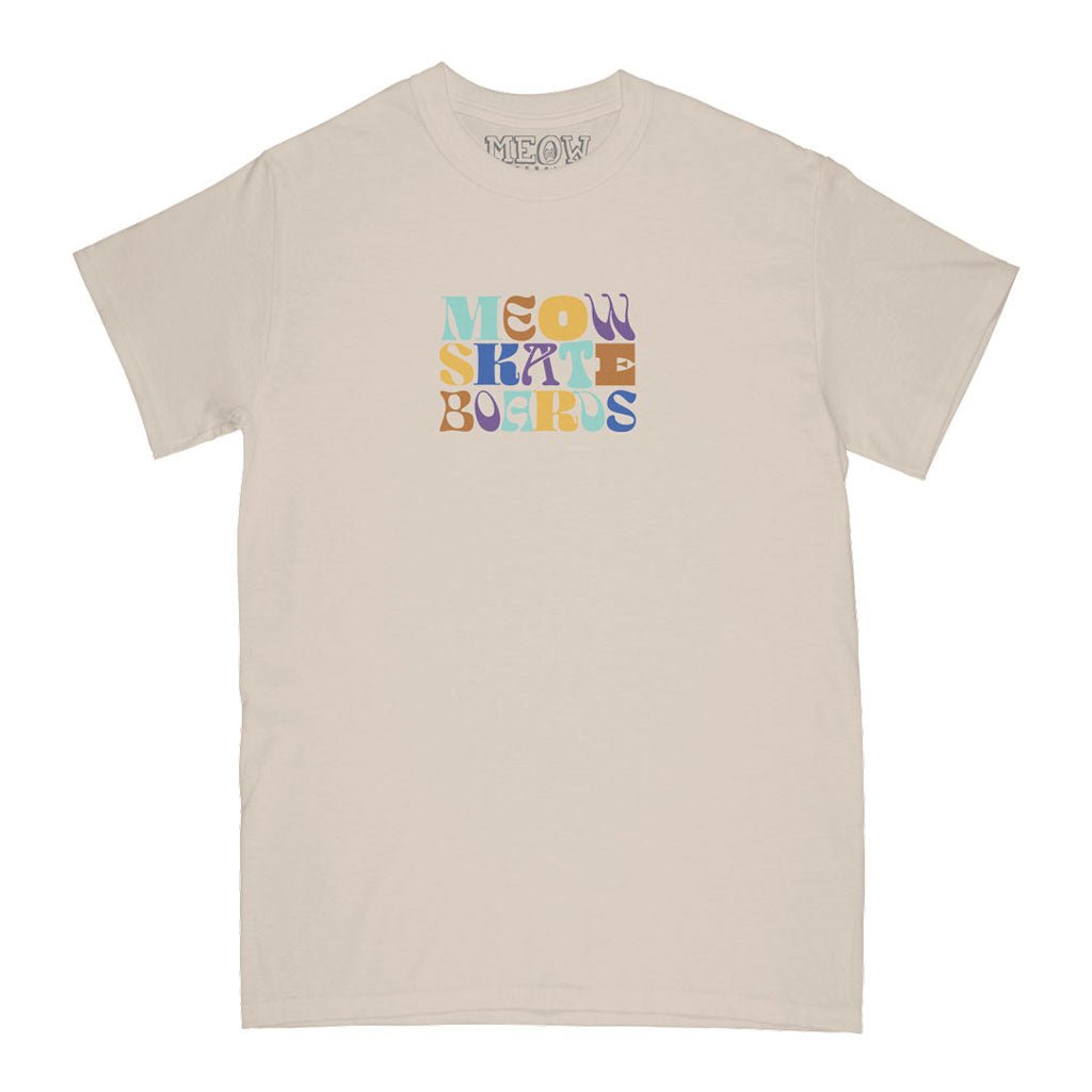 Beige t-shirt with colorful 'MEOW SKATEBOARDS' text on a white background