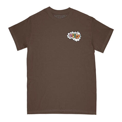 Brown t-shirt with colorful meow text in cloud
