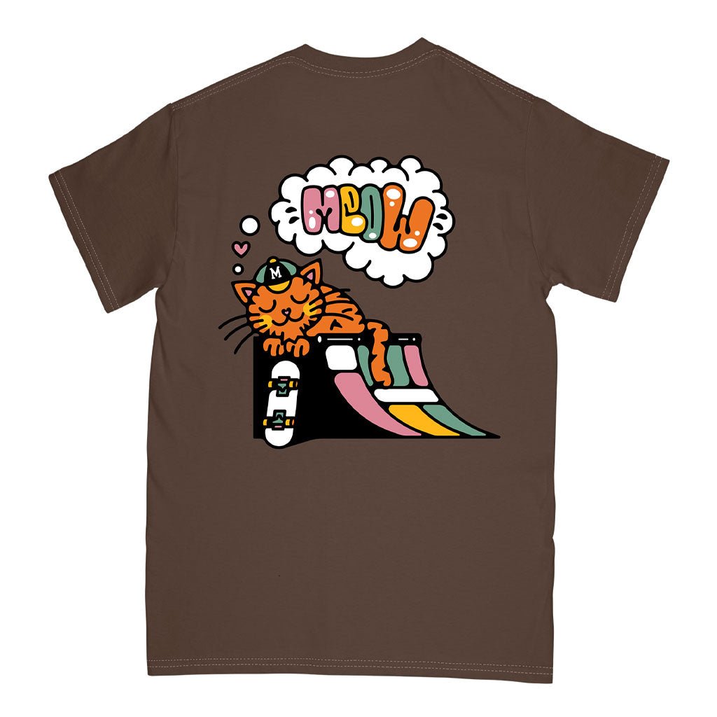 Brown t-shirt with a cartoon cat and quarterpipe design on the back, on a white background