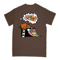 Brown t-shirt with a cartoon cat and quarterpipe design on the back, on a white background
