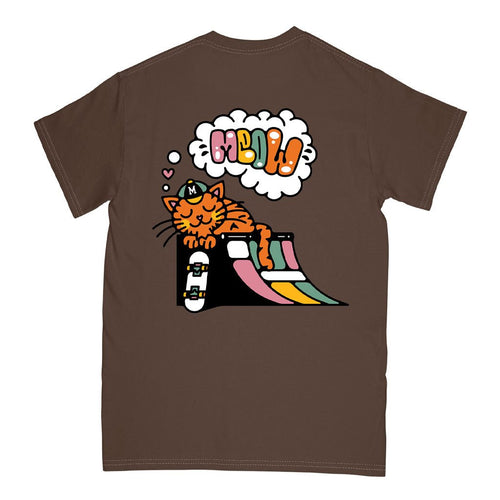 Brown t-shirt with a cartoon cat and quarterpipe design on the back, on a white background