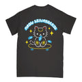Black t-shirt with a cat skateboarding graphic and 'Meow Skateboards' text on the back.