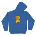 Blue youth hoodie with a yellow cartoon cat on the back against a white background