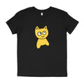 Black t-shirt with a yellow cat graphic on a white background