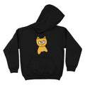 A black youth hoodie with a front print of a yellow cartoon cat design, featuring a jersey-lined hood without drawcord.