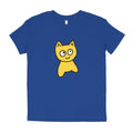 Blue t-shirt with a yellow cartoon cat design on a white background