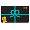 Gift card with a blue bow and a cartoon cat on a black background